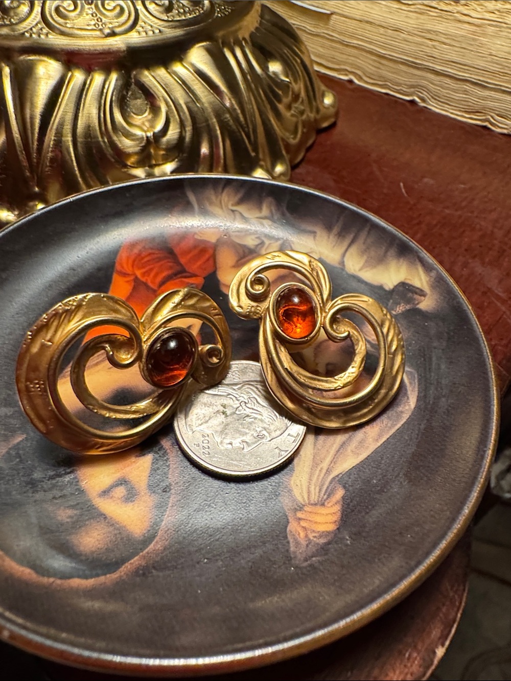 Gold-Tone Swirl Earrings with Amber Accent